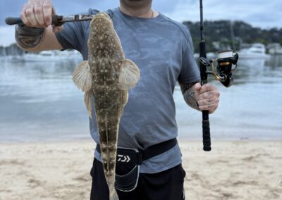 Estuary fishing places like Pittwater, Narrabeen lake or Sydney Harbour water ways is a safe option for those that prefer to not fish surf beaches or ocean rocks. A nice dusky flathead taken home for a meal.